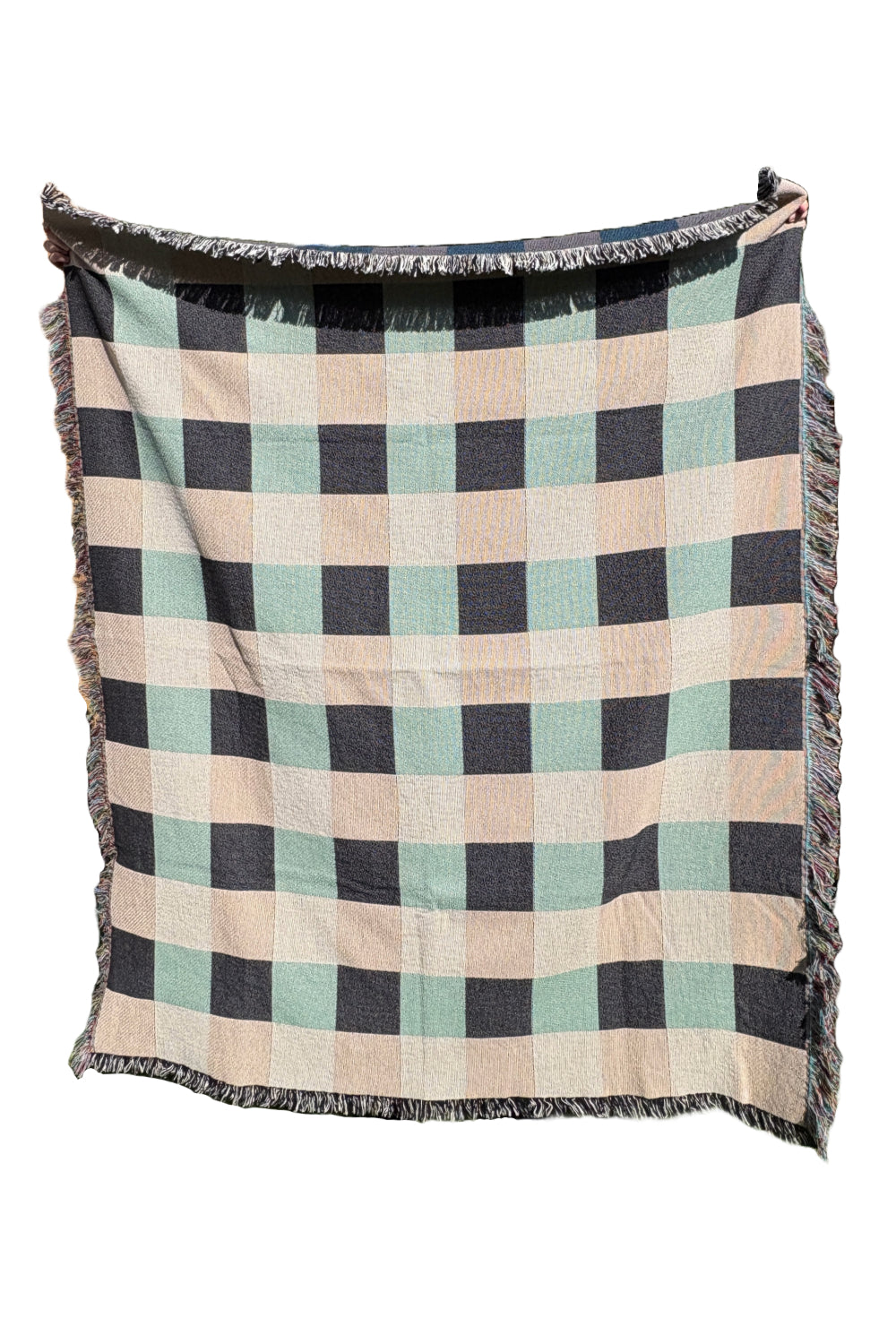 Beige & Green Gingham Woven Throw Blanket