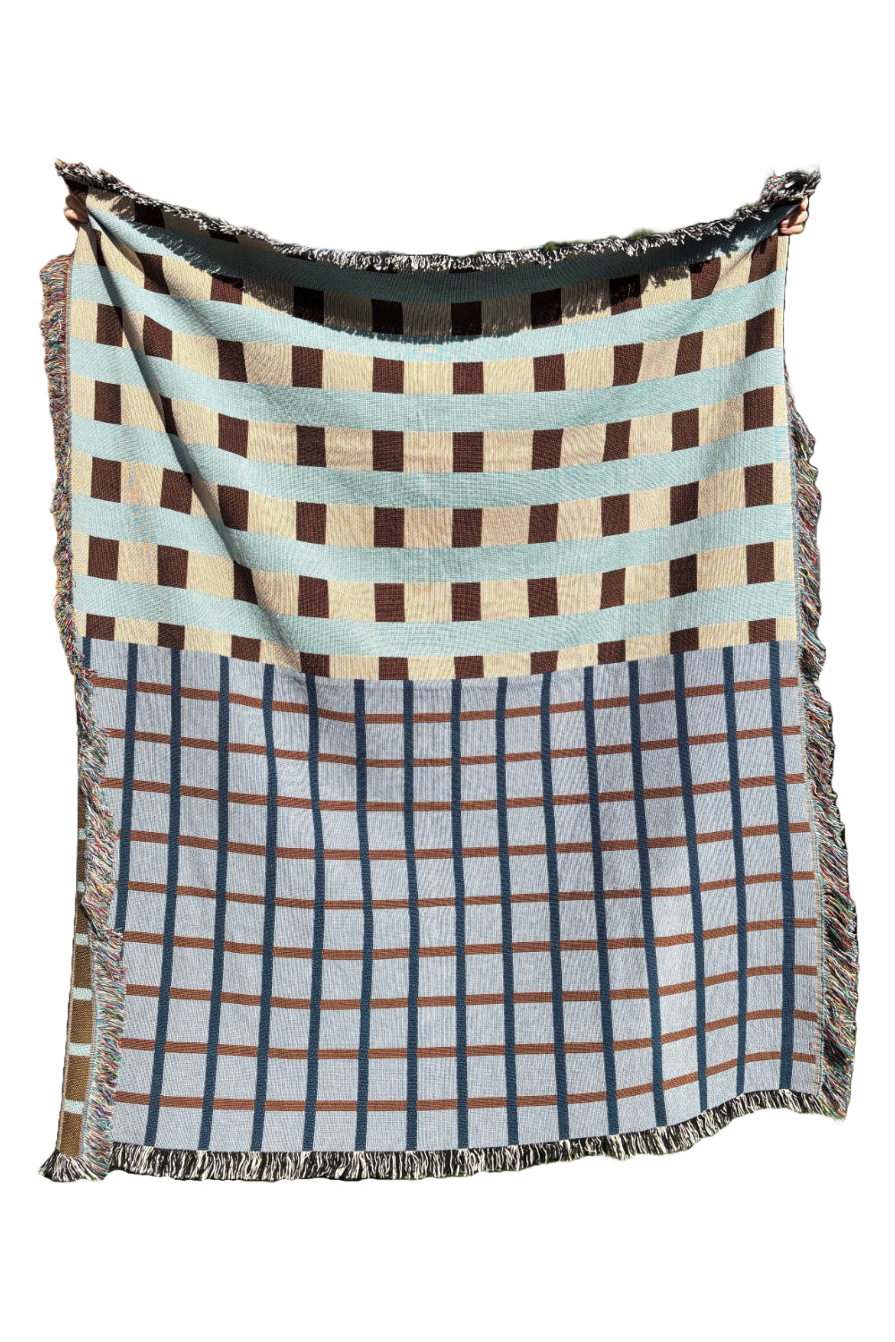 Blue & Beige Block Grid Woven Throw Blanket
