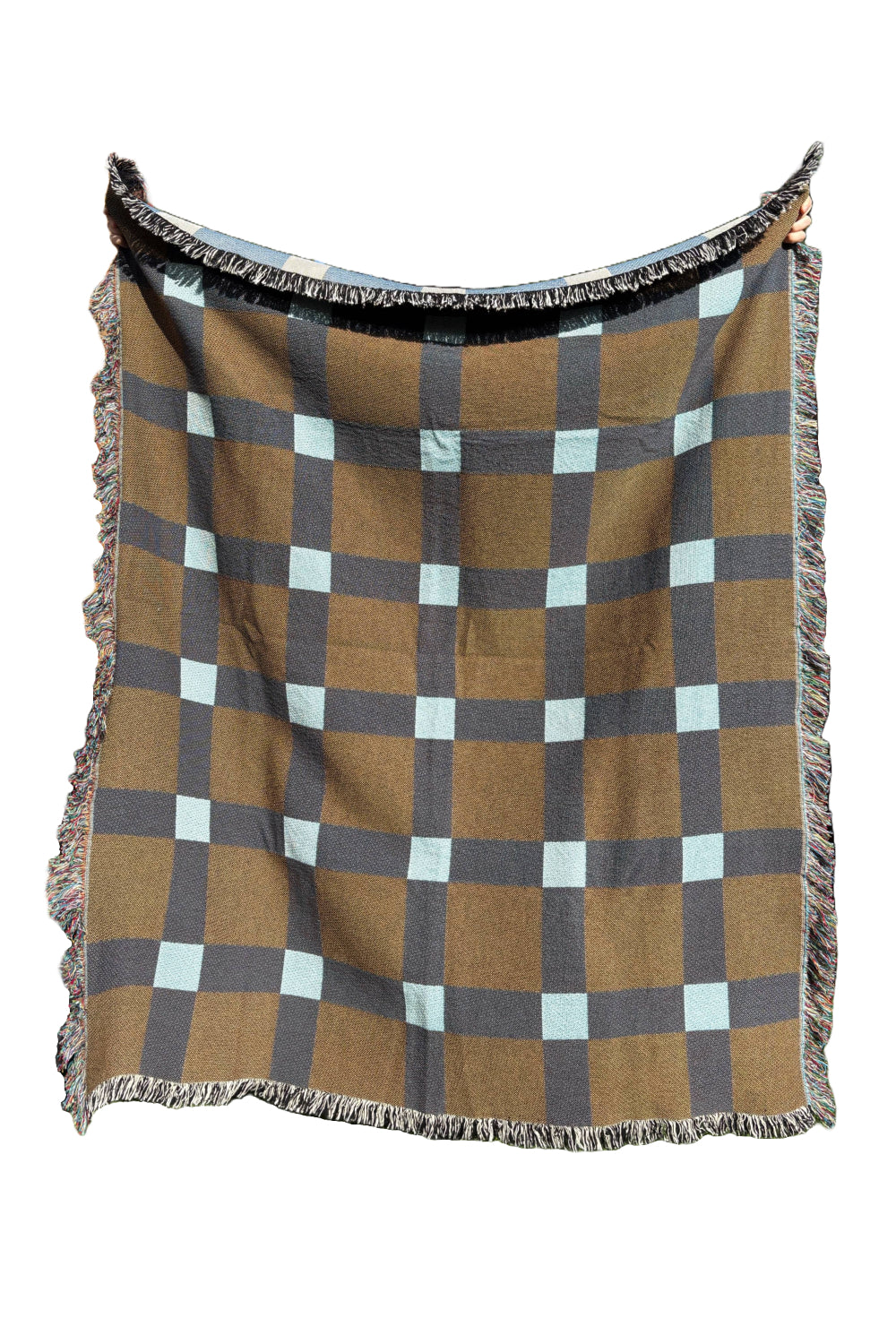Blue & Brown Gingham Check Woven Throw Blanket