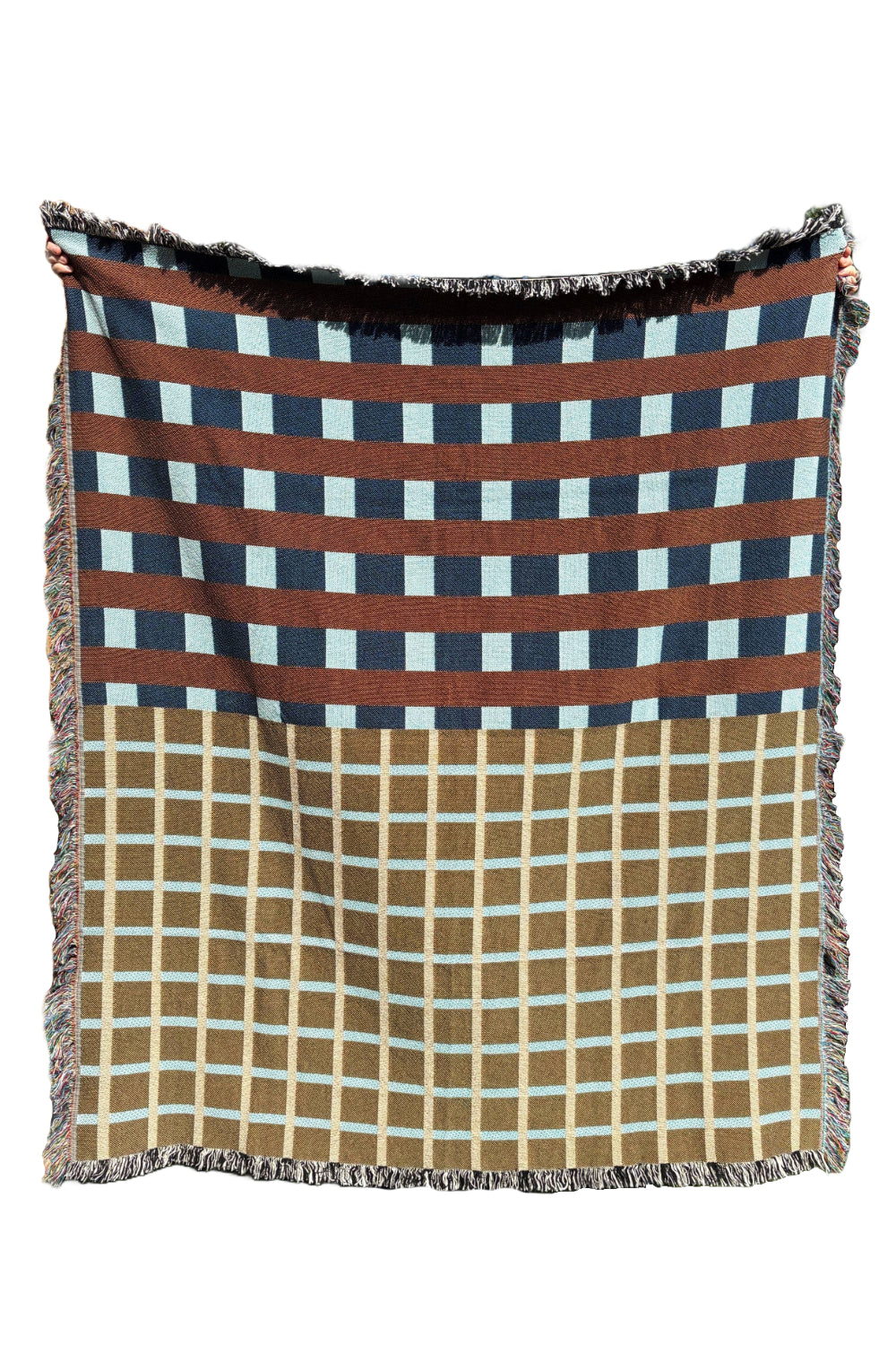 Blue & Beige Block Grid Woven Throw Blanket
