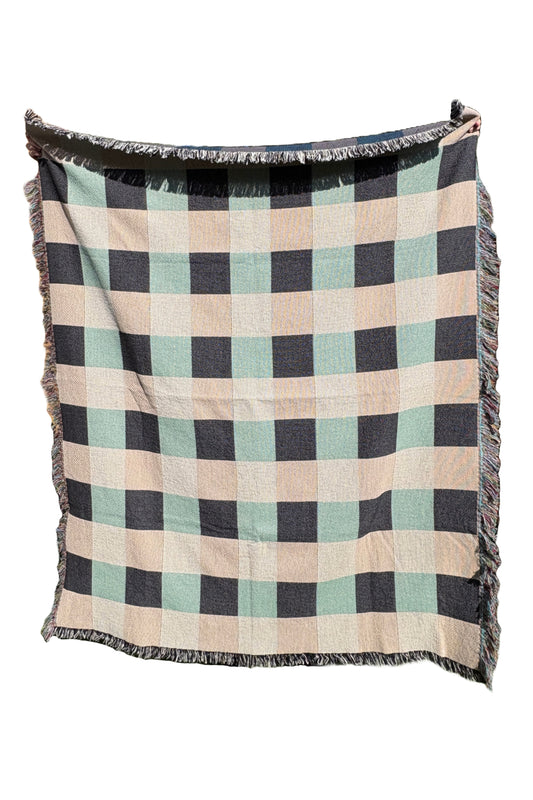 Beige & Green Gingham Woven Throw Blanket