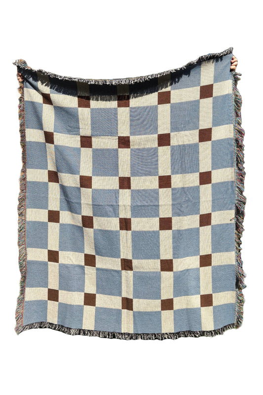 Blue & Brown Gingham Check Woven Throw Blanket