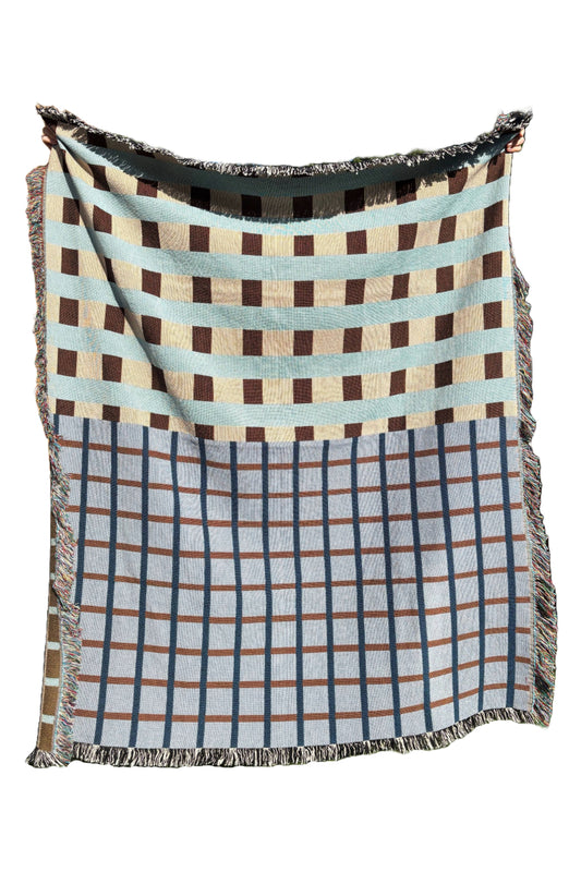 Blue & Beige Block Grid Woven Throw Blanket