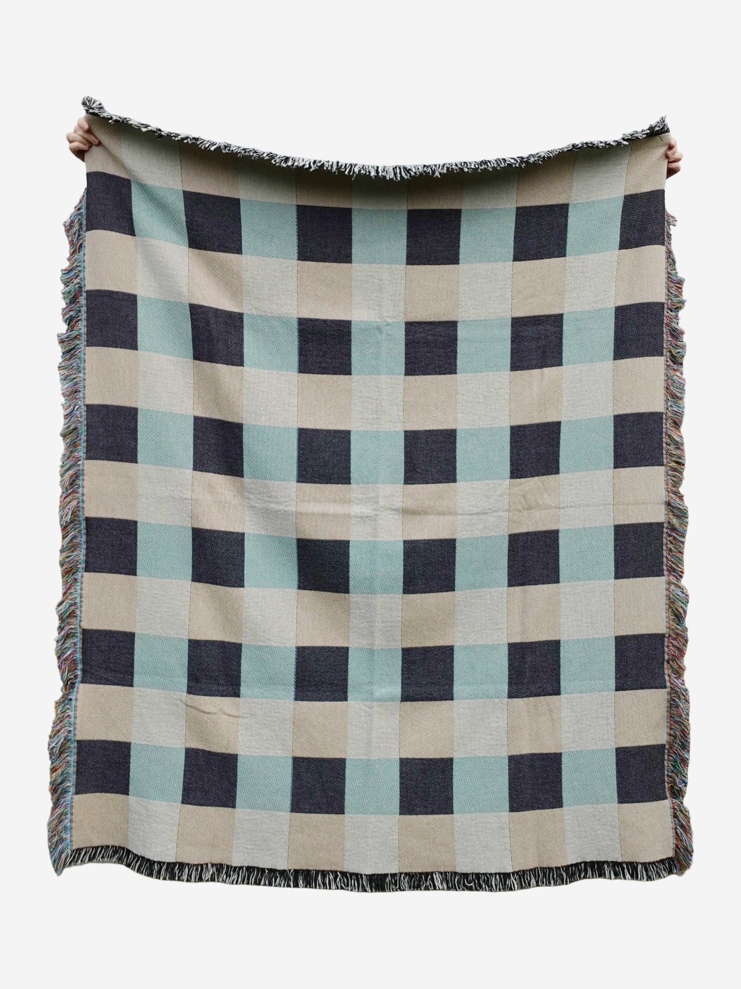 Beige & Green Gingham Woven Throw Blanket