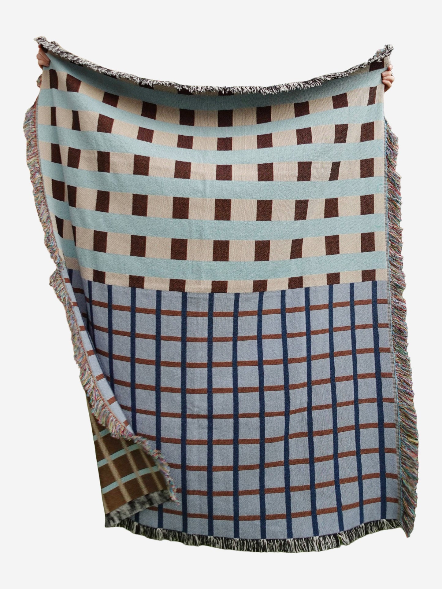 Blue & Beige Block Grid Woven Throw Blanket