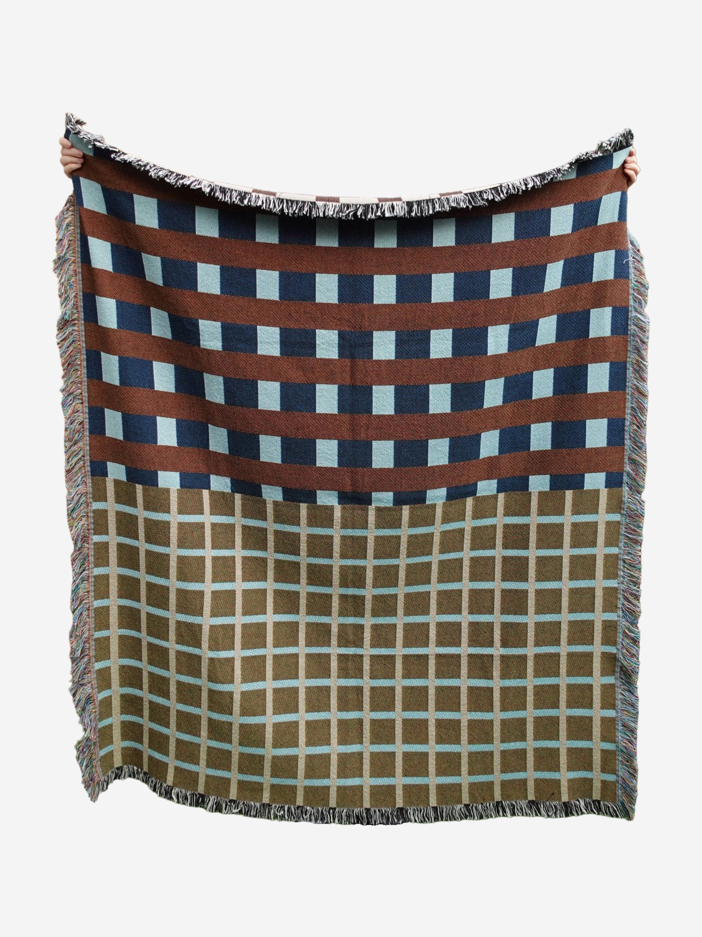 Blue & Beige Block Grid Woven Throw Blanket
