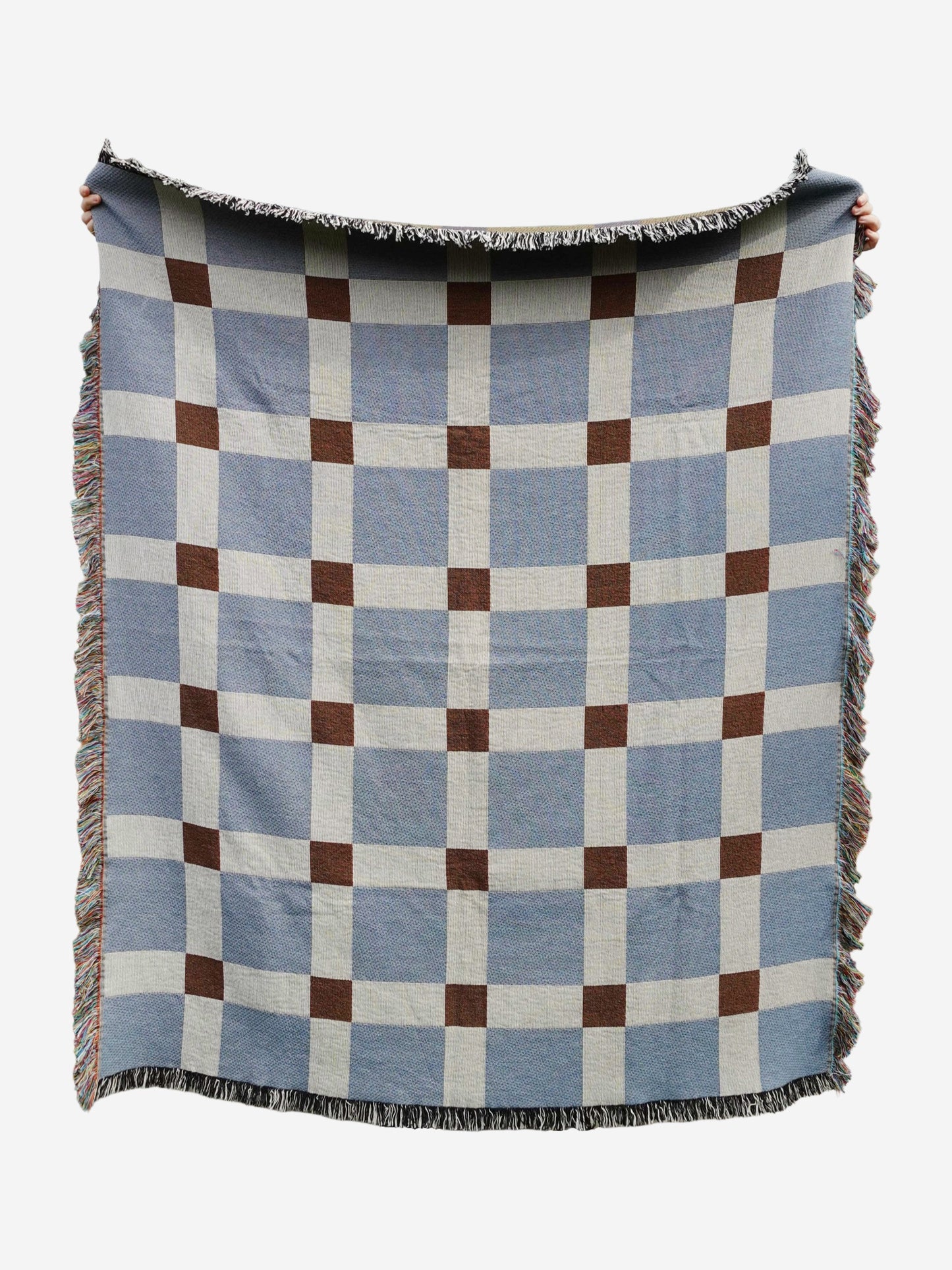 Blue & Brown Gingham Check Woven Throw Blanket