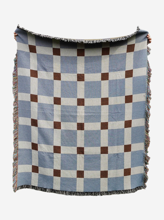 Blue & Brown Gingham Check Woven Throw Blanket
