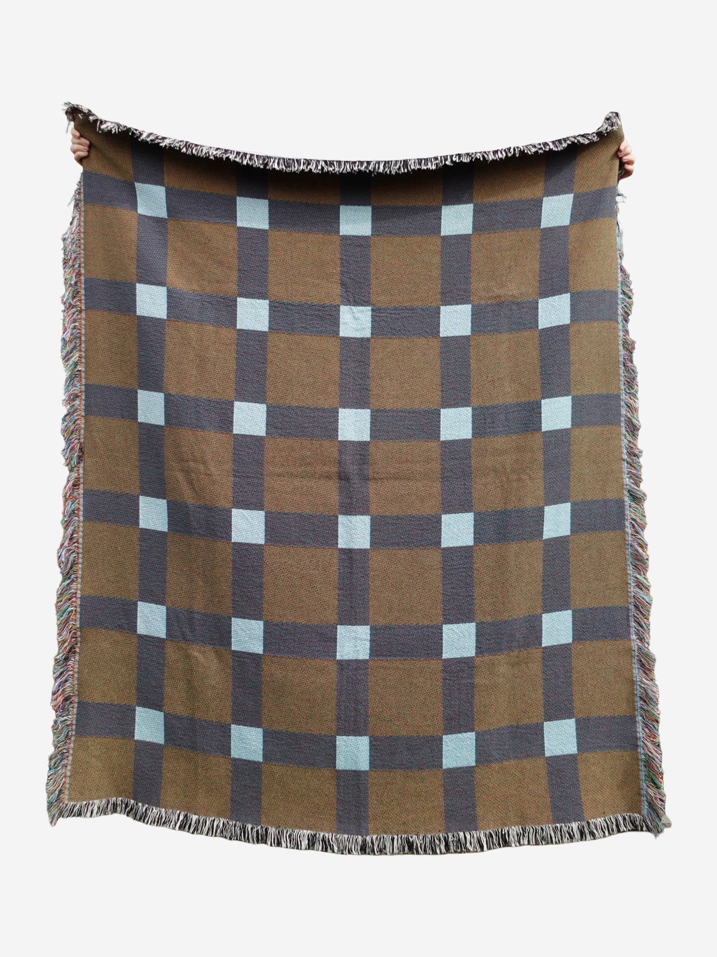 Blue & Brown Gingham Check Woven Throw Blanket